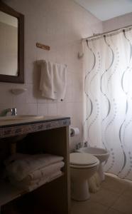 uma casa de banho com um WC, um lavatório e um espelho. em Apart Cabañas El Tala em Bialet Massé