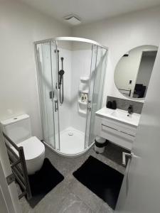 a bathroom with a shower and a toilet and a sink at Cedarstone Villa in Halswell