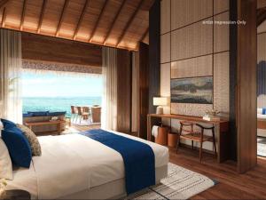 曼度V Villas Maldives at Mirihi - MGallery Collection的一间带床的卧室，可欣赏海景 更多117张照片