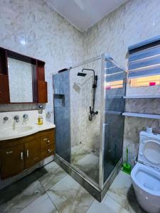 un bagno con doccia, lavandino e WC di SPECIAL LUXURY FOUR BEDROOM at LEKKI a Lekki