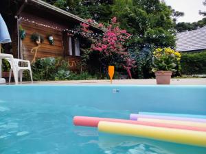 una piscina con noodle da piscina di fronte a una casa di Chalé Martinho a Gramado