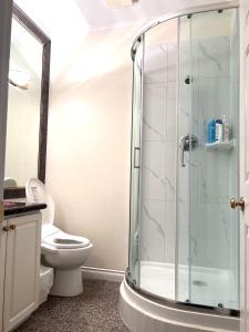 里士满Two Bedrooms for up to Four Guests的浴室配有马桶和玻璃淋浴房