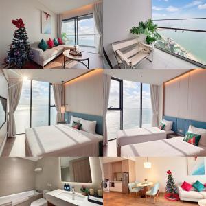 a collage of four pictures of a hotel room at A La Carte Ha Long Oceanview Fireworksview Panoramic 2BR2WC suite with balcony in Ha Long