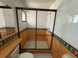 Un baño con ducha a ras de suelo y un inodoro. en Lavid Hotel Palacio Real, en Bogotá