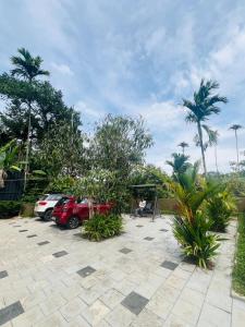 安巴拉瓦亚尔Royal homestay的停车场有停放的汽车和棕榈树