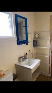 a bathroom with a white sink and a mirror at Cabaña Licarayén in Puerto Varas