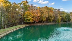 a lake with a fountain in the middle at Secluded Lakeview Retreat 10 Mins to Leipers Fork in Kingfield