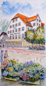 a painting of a building and some flowers at Hotel-Gasthof Maisberger in Neufahrn bei Freising
