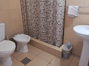 a bathroom with a toilet and a sink and a shower at Sol y Malbec Departamentos in Guaymallen +4 photos