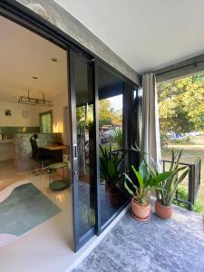 een open woonkamer met glazen deuren en potplanten bij Green & Pink Garden Homes in Ko Phangan +16 foto's