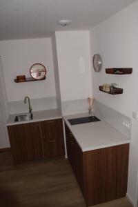 une petite cuisine avec un évier et un comptoir dans l'établissement Le 70s 2 pièces proche Colmar, à Holtzwihr 12 autres photos