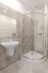 bagno con doccia e lavandino di Apartament Wierzbięcice a Poznań