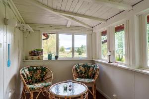 a room with two chairs and a table and two windows at Horsvik - Hagstugan in Studsvik