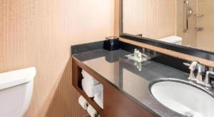 ein Badezimmer mit Waschbecken, Toilette und Spiegel in der Unterkunft White Peak Hotel – Frisco By IHG in Summit Medical Center Heliport