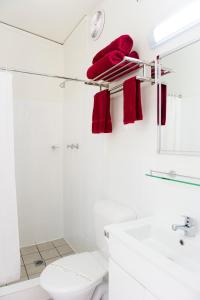 a white bathroom with a white toilet and red towels at Cherry Blossom Motor Inn in Young