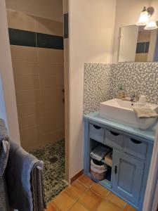 ein Badezimmer mit Waschbecken und Spiegel in der Unterkunft Chambre d'hôte Montlivault / Chambord in Montlivault