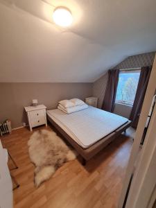 1 dormitorio con 1 cama con alfombra y ventana en AMO Svartisen Guesthouse,  7 fotos más
