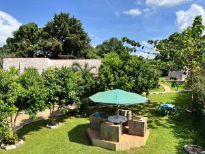 eine Terrasse mit einem Sonnenschirm, Stühlen und Tischen in der Unterkunft Mabamba shoebill Campsite 