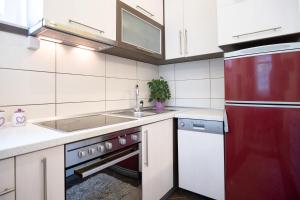 eine Küche mit einer Spüle und einem roten Kühlschrank in der Unterkunft City Apartments Premium in Trebinje
