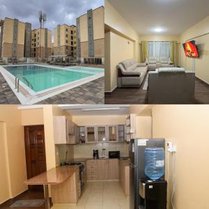 Crystal Rivers Apartments في Athi River: مطبخ وغرفة معيشة مع مسبح