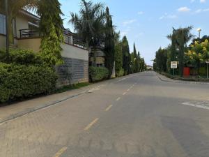 Crystal Rivers Apartments في Athi River: شارع فاضي فيه نخيل ومبنى