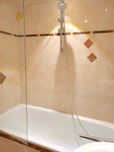 una doccia con porta in vetro su una vasca di Penthouse Apartment im 20 Stock a Augusta (Augsburg)