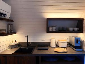 a kitchen counter with a sink and a microwave at Pedaspä Igloo House and Sauna in Pedaspea