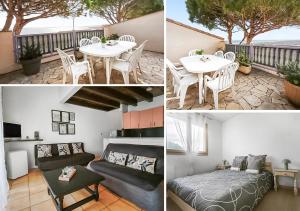 a collage of photos of a room with a table and chairs at Appartement confortable avec parking et terrasse in Leucate-Plage