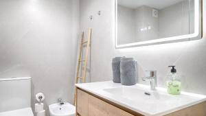 een badkamer met een wastafel, een toilet en een spiegel bij Saplan Real Estate SALARDÚ in Salardú +22 foto's