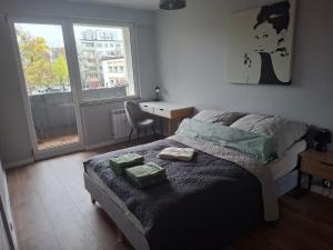 una camera da letto con un letto, una scrivania e una finestra di Jagiellonskie a Poznań