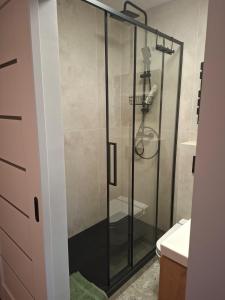una doccia con una porta in vetro in un bagno di Jagiellonskie a Poznań