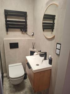 un bagno con un water, un lavandino e uno specchio di Jagiellonskie a Poznań