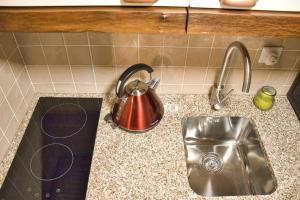 a kitchen counter with a tea kettle on a sink at Casa do Talasnal by Refúgio ao Luar in Talasnal +15 photos
