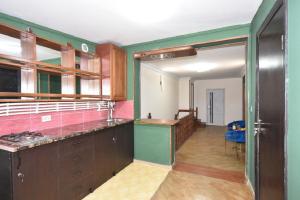 a kitchen with green and pink walls and wooden cabinets at tumanyan 38 guest hause in Yerevan