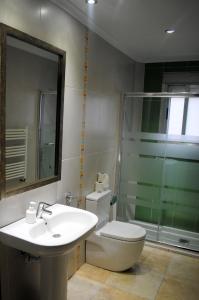 a bathroom with a toilet and a sink and a shower at Pensión Blanquita in Logroño