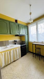 巴尔雅克Chez Nana - Maison dans le Gard的厨房配有绿色橱柜、水槽和桌子 更多4张照片