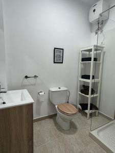 ein Badezimmer mit einem WC, einem Waschbecken und einem Regal in der Unterkunft HostJimeno Otoño in La Garita