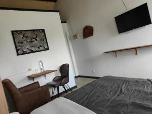 a bedroom with a bed and a desk and a television at auberge la fermette in Le Tampon