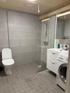 un bagno con WC e lavatrice di Apartment Kaarto a Seinäjoki