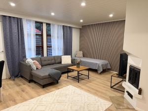 a living room with a couch and a tv at Apartment Kaarto in Seinäjoki