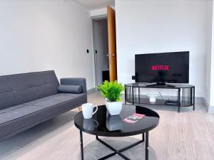 ein Wohnzimmer mit Sofa und Fernseher in der Unterkunft Modern 2-Bed Flat in York City Centre - Steps from Christmas Market in York