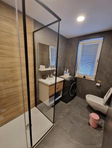 a bathroom with a sink and a washing machine at Apartma Kreda in Mojstrana +20 photos