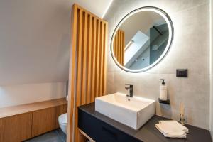 a bathroom with a white sink and a mirror at Vineyard Escape Herbersteinova klet in Juršinci +58 photos
