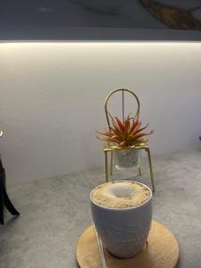 Un cuenco sobre una mesa con una silla y una planta. en Studio Apartman ALIMRAN, en Bjelašnica 1 foto más