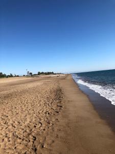a beach with footprints in the sand and the ocean at Melissas Suites Lara in Antalya