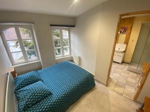 瑟堡Appartement cosy à Cherbourg-en-Cotentin, 20 m² avec confort.的一间卧室设有蓝色的床和2个窗户。