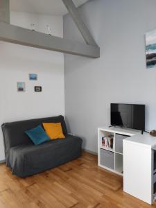 滨海布雷蒂尼奥勒Maison de bourg cosy et fonctionnelle proche mer的配有沙发和平板电视的客厅