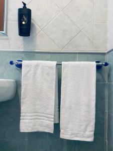 2 toallas blancas colgando de un toallero en el baño en Hotel Max, en Aversa