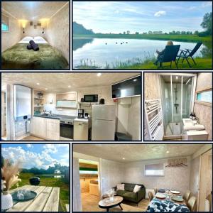 eine Collage aus Bildern einer Küche und eines Wohnzimmers in der Unterkunft Les 1000 Ailes-Expérience Unique dans une Hutte in Le Crotoy