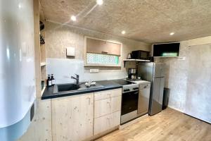 a kitchen with a sink and a refrigerator at Les 1000 Ailes-Expérience Unique dans une Hutte in Le Crotoy